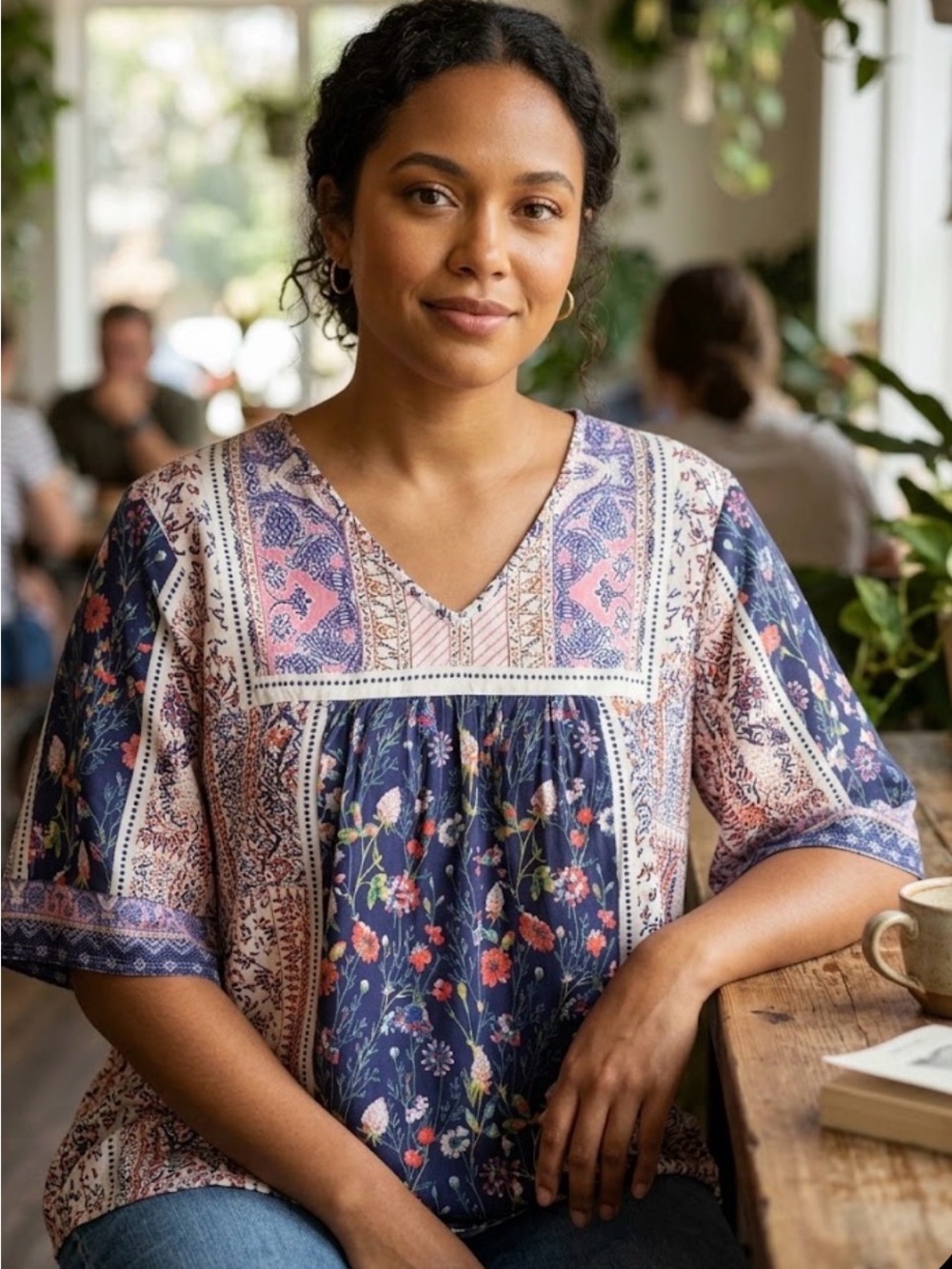 Amazon Navy and Pink Floral Peasant Blouse